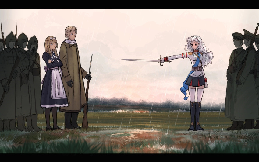 1boy, 2girls, 6+others, aiguillette, alpha_(alpha_1918), armband, artist_request, blonde_hair