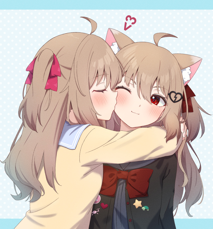 2girls, absurdres, ahoge, animal_ears, arms_around_neck, black_cardigan, black_sailor_collar, black_shirt