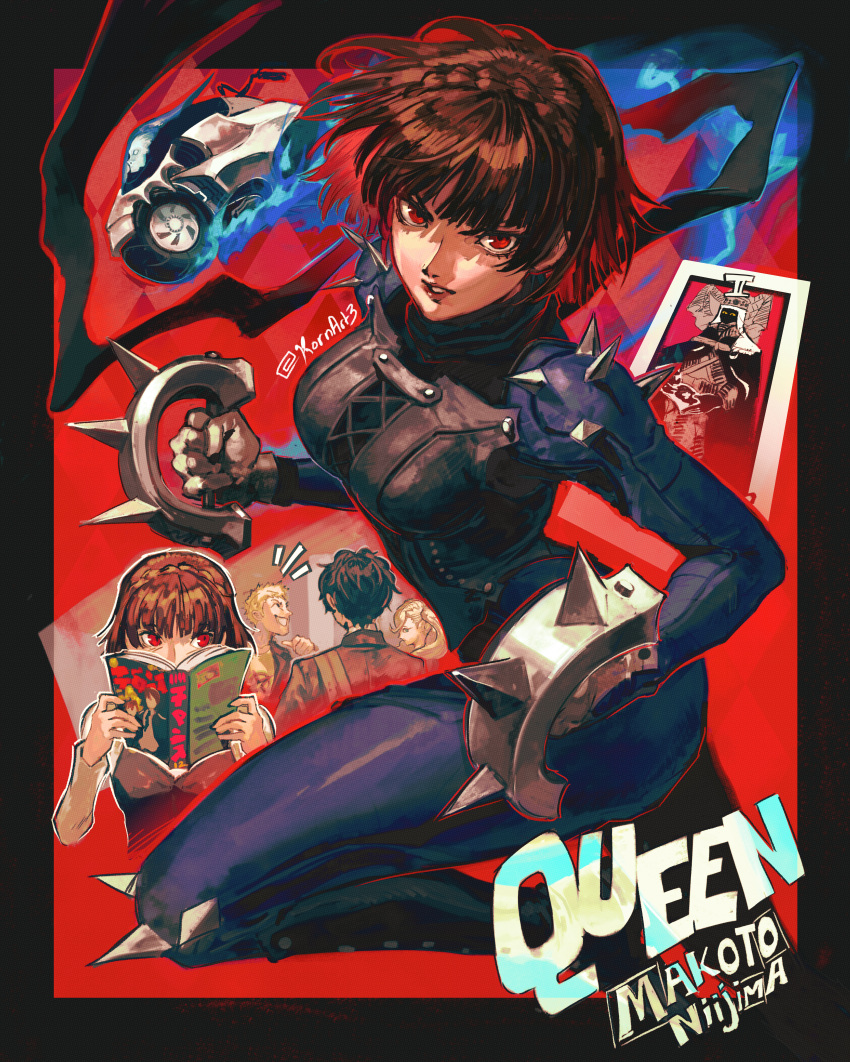 2boys, 2girls, absurdres, amamiya_ren, artist_name, blonde_hair, bodysuit, border, brown_hair, commentary, english_commentary, highres, kornart, multiple_boys, multiple_girls, niijima_makoto, persona, persona_5, queen_(persona_5), red_eyes, sakamoto_ryuuji, short_hair, takamaki_anne