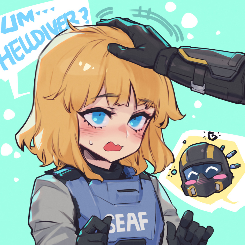1boy, 1girl, armor, black_gloves, blonde_hair, blue_eyes, blush, bulletproof_vest, d:, english_commentary, gloves, happy, headpat, helldiver_(helldivers), helldivers_(series), highres, military_uniform, phantom_ix_row, seaf_soldier_(helldivers), short_hair