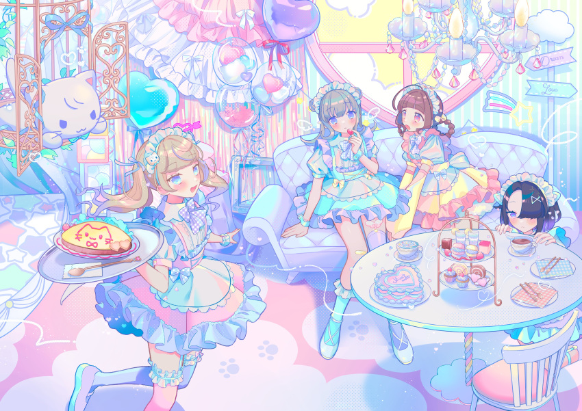 4girls, :<, :d, absurdres, ahoge, animal-themed_food, animal_ears, apron