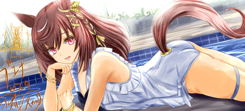 1girl, animal_ears, ass, breasts, brown_hair, buena_vista_(racehorse), character_name, hair_between_eyes, hair_ornament, horse_ears, horse_girl, horse_tail, looking_at_viewer, medium_breasts, medium_hair, open_mouth, pool, signature, solo, super_oniko, swimsuit, tail, umamusume, white_background