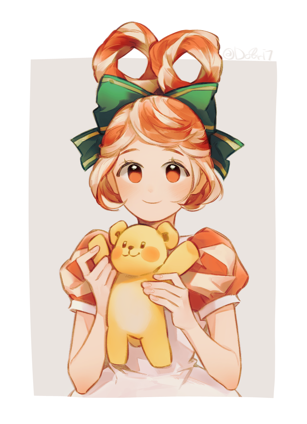 1girl, blonde_hair, border, bow, closed_mouth, cookie_run, do8ri7, dress