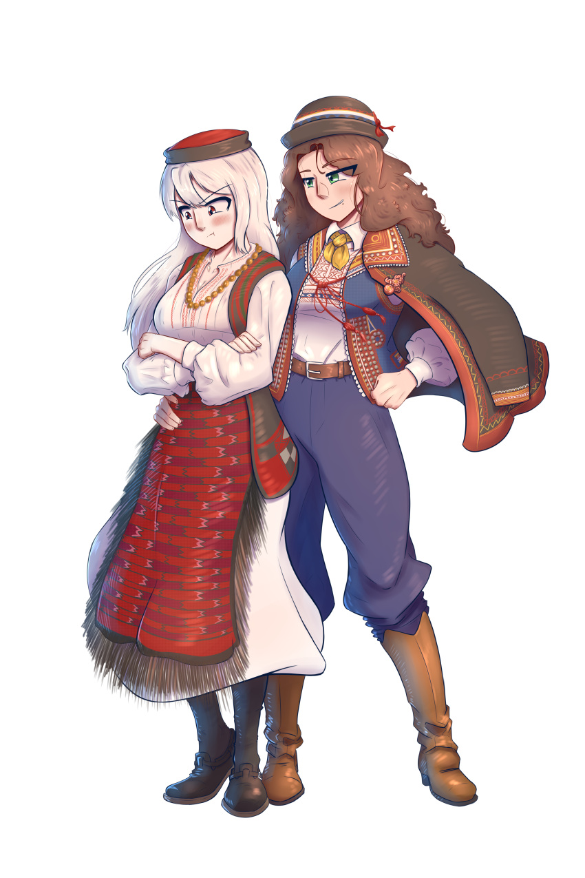 2girls, absurdres, albino, anica_domazet, apron, bead_necklace, beads, belt