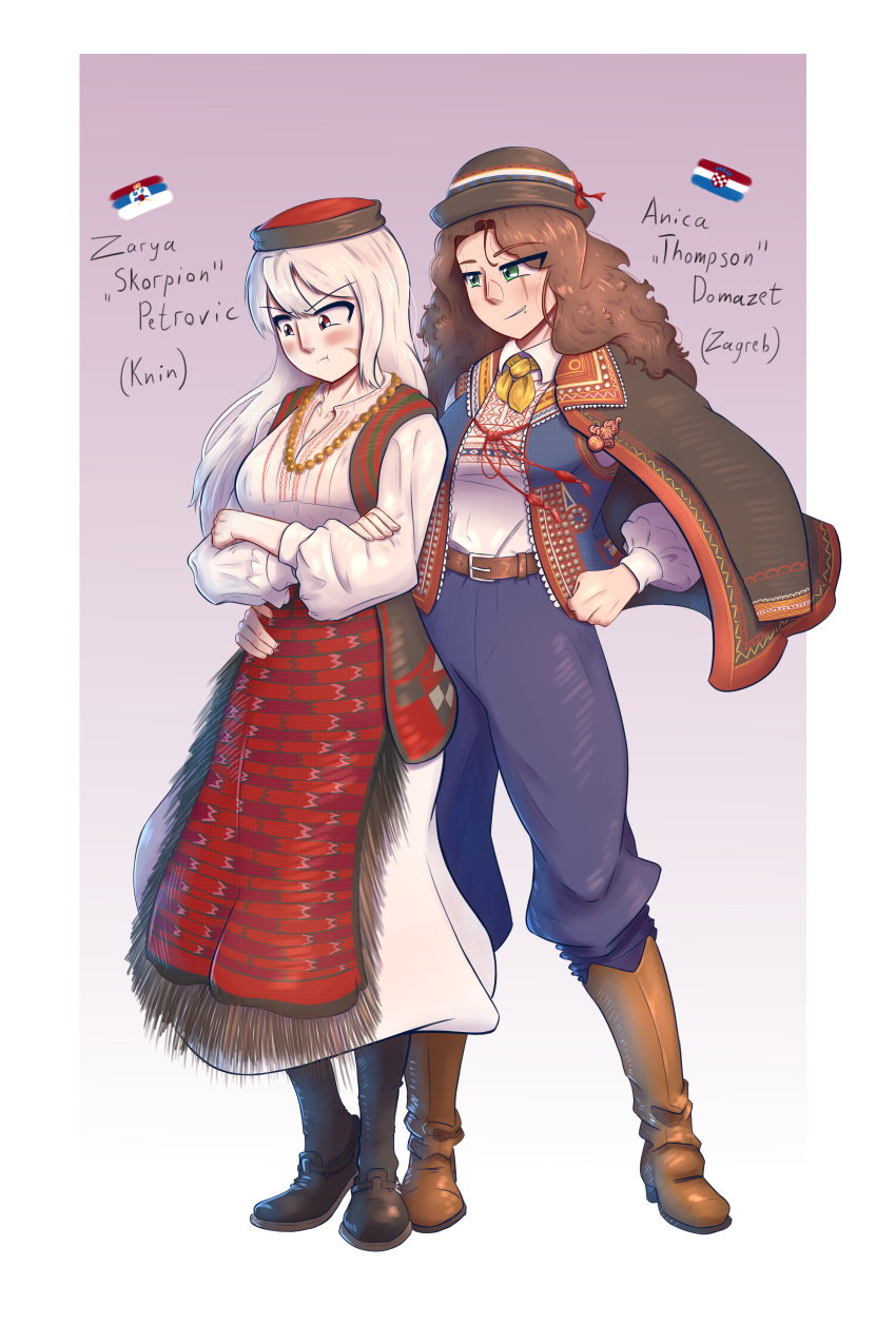 2girls, absurdres, albino, anica_domazet, apron, bead_necklace, beads, belt