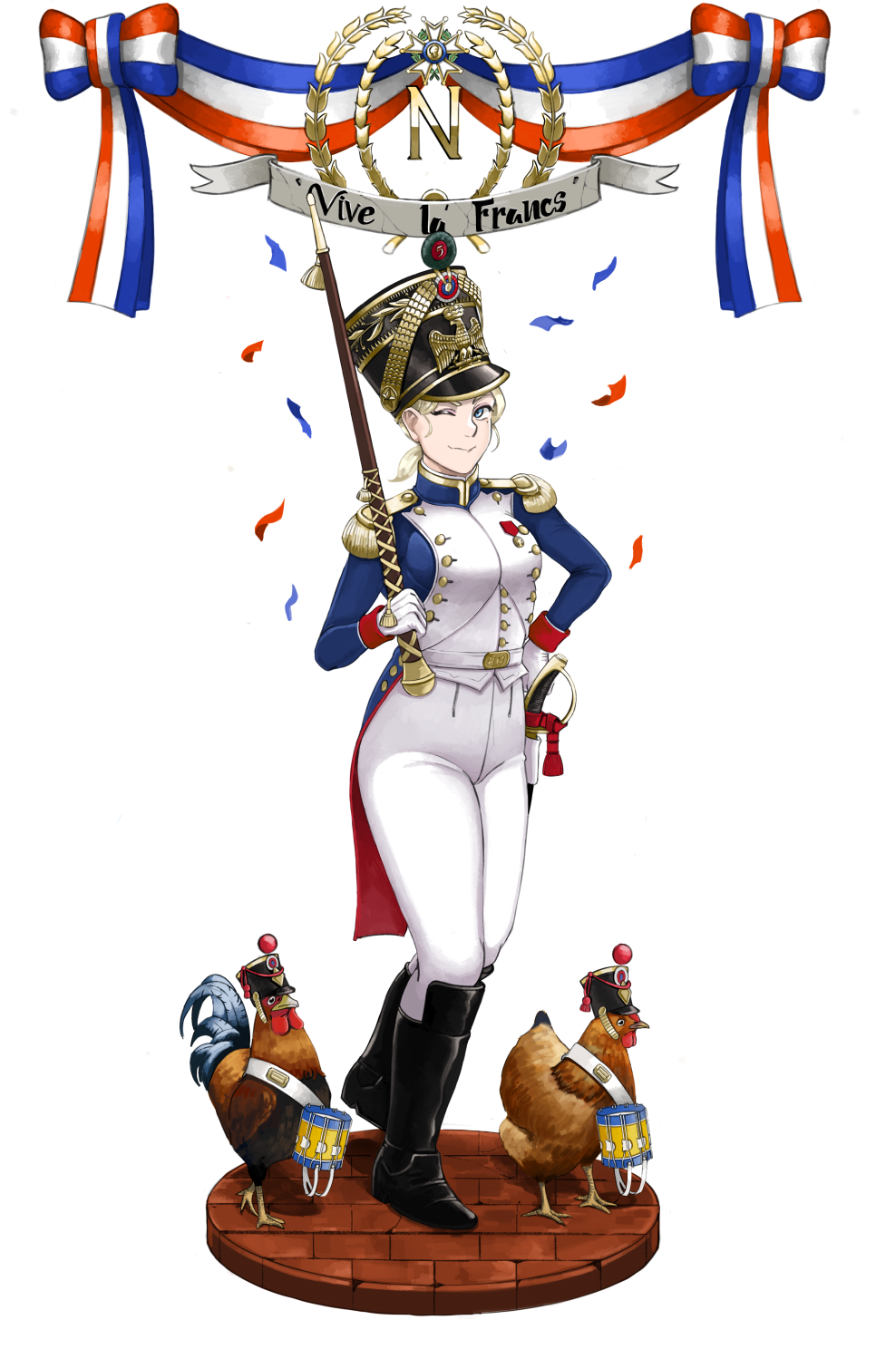 1girl, army, belt, bird, blonde_hair, blue_eyes, blue_jacket, boots