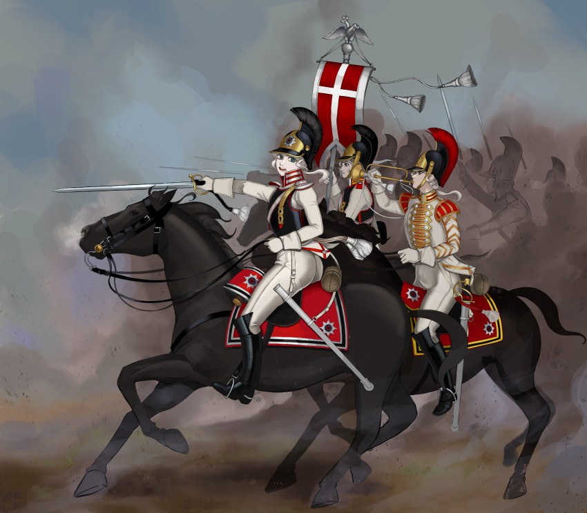 1girl, 3girls, absurdres, armor, black_horse, blue_eyes, boots, cavalry_sword