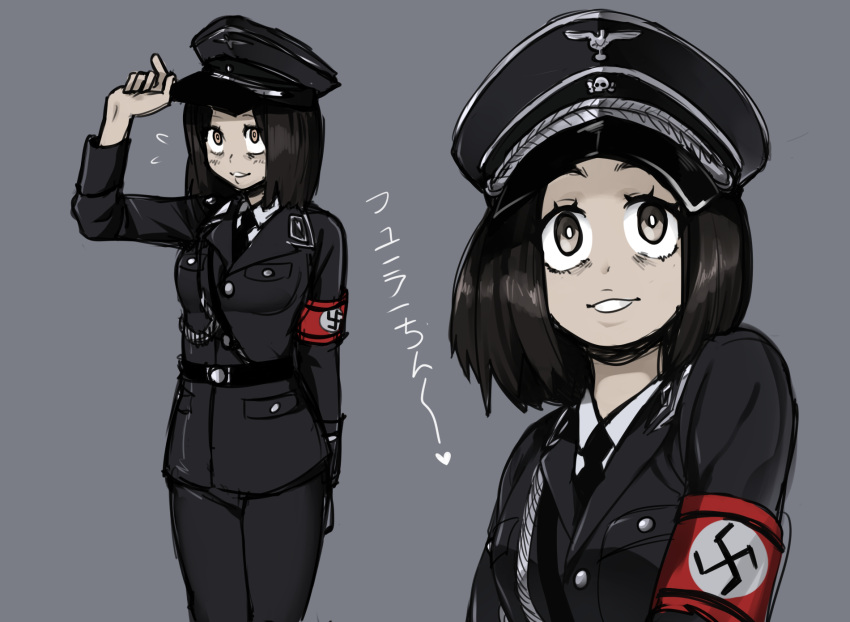 1girl, black_hair, black_jacket, black_pants, blush, collar_tabs, hat, hat_ornament