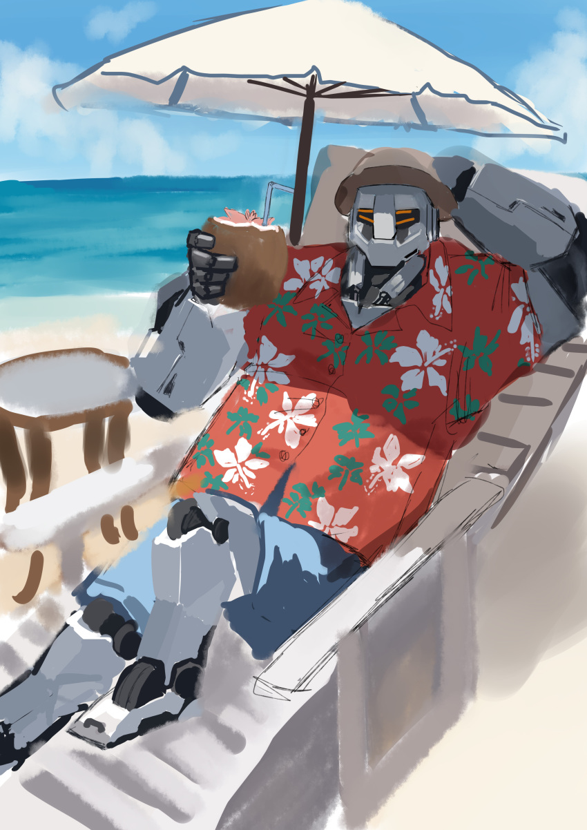 1boy, absurdres, beach, beach_chair, beach_umbrella, blue_archive, blue_shorts, blue_sky