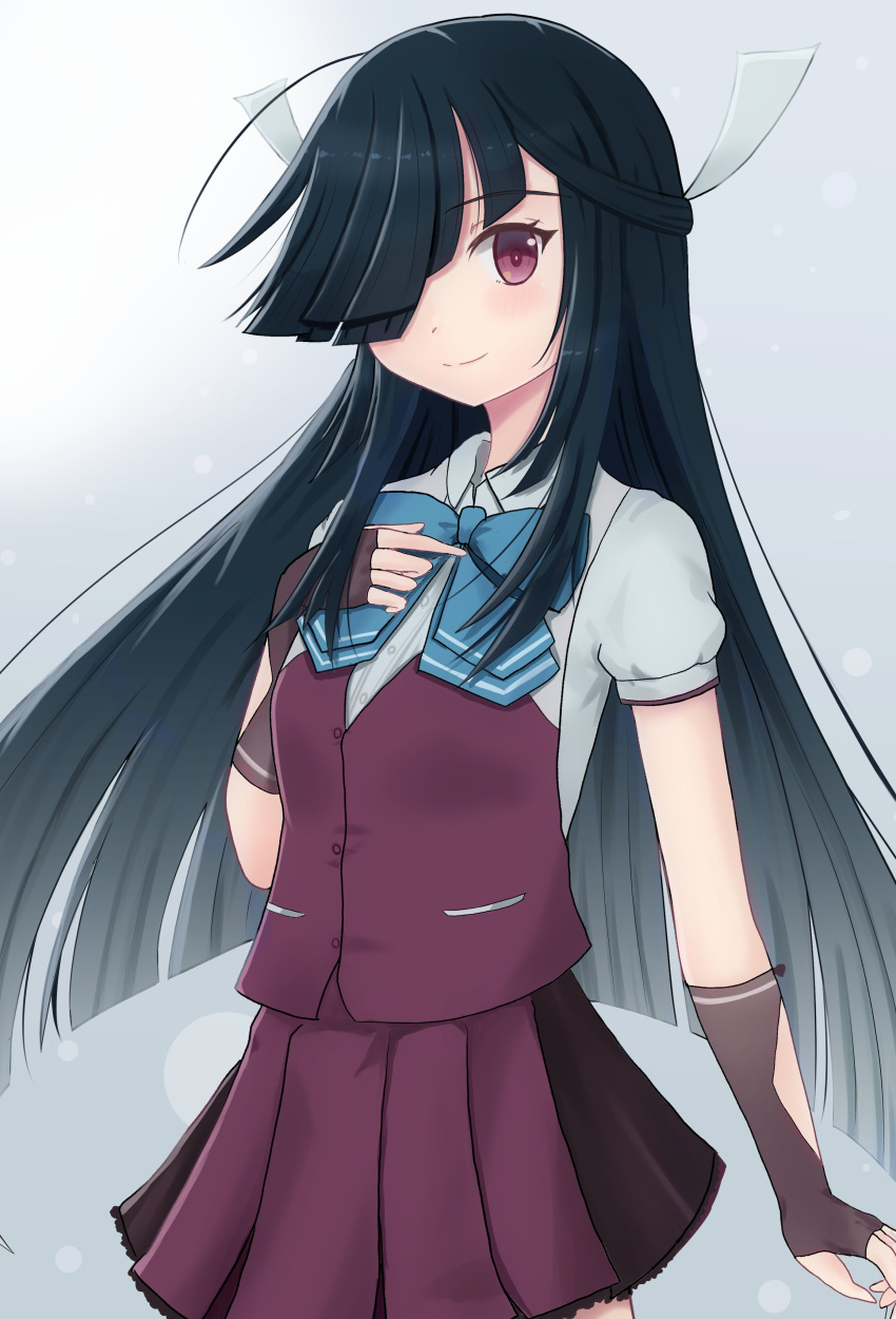 1girl, absurdres, aqua_bow, black_hair, bow, bowtie, brown_eyes, dress