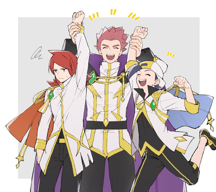 3boys, :d, arm_up, backwards_hat, belt_buckle, black_pants, buckle, cape