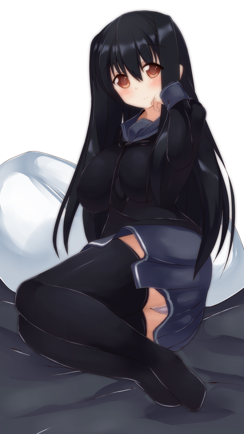 black_hair, black_legwear, blush, breasts, brown_eyes, byakuya_mika, large_breasts, long_hair, orange_eyes, original, panties, pantyshot, pantyshot_(sitting), pantyshot_sitting, school_uniform, sitting, skirt, smile, solo, takagi_yui_(byakuya_mika), takagi_yui_(mikami_byakuya), thighhighs, underwear, zettai_ryouiki