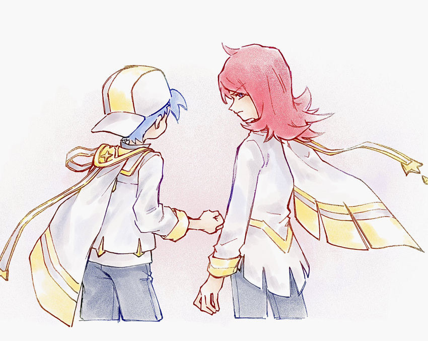 2boys, backwards_hat, blue_hair, cape, clenched_hand, closed_mouth, ethan_(arc_suit)_(pokemon), ethan_(pokemon)