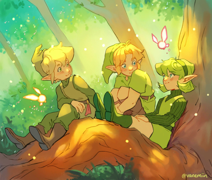 1girl, 2boys, blonde_hair, boots, fado_(wind_waker), fairy, forest, green_hair