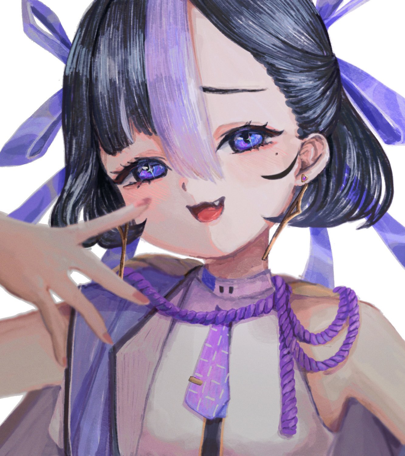 1girl, black_hair, blush, cosmos_34, earrings, fang, furrowed_brow, goddess_of_victory:_nikke