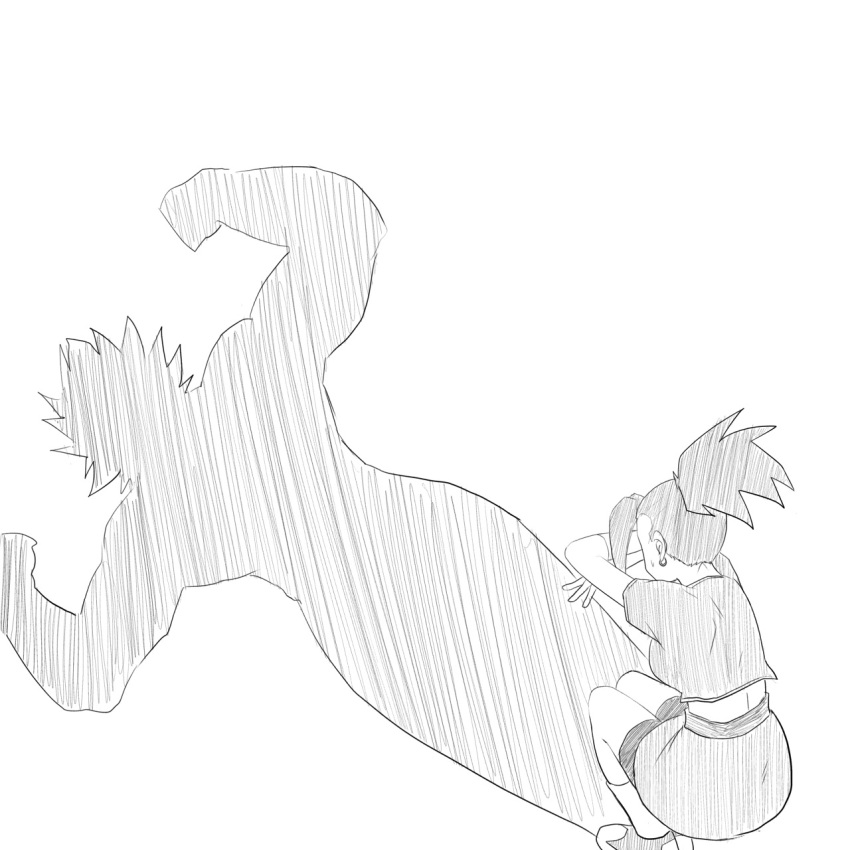 1girl, cat_shadow_puppet_(meme), dragon_ball, dragon_ball_super, earrings, greyscale, highres, jewelry, kale_(dragon_ball), kyakyoi, legendary_super_saiyan, meme, monochrome, muscular, muscular_female, ponytail, saiyan, shadow, shirt, short_sleeves, skirt, solo, super_saiyan