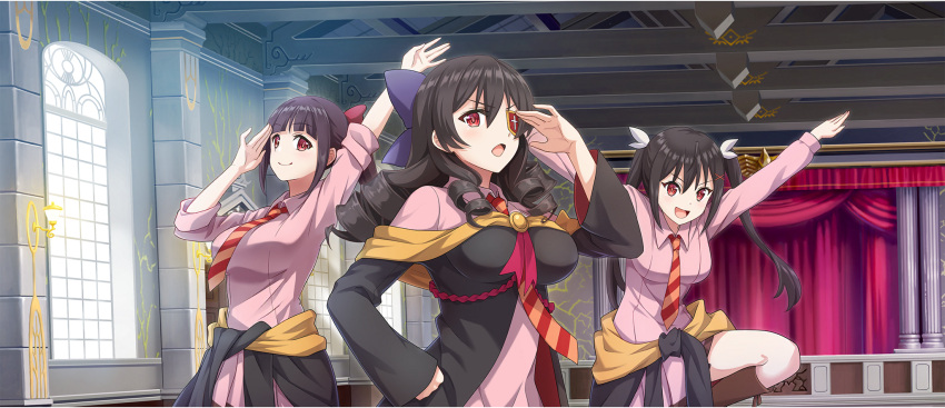 3girls, :d, \o/, arm_up, arms_up, arue_(konosuba), auditorium, black_robe