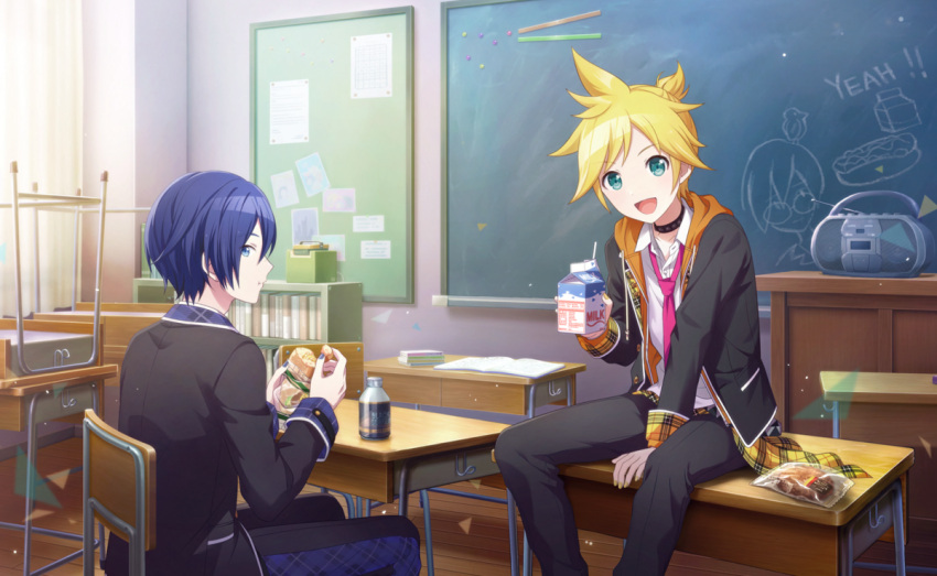 2boys, aqua_eyes, black_choker, black_jacket, black_pants, blonde_hair, blue_eyes, blue_hair