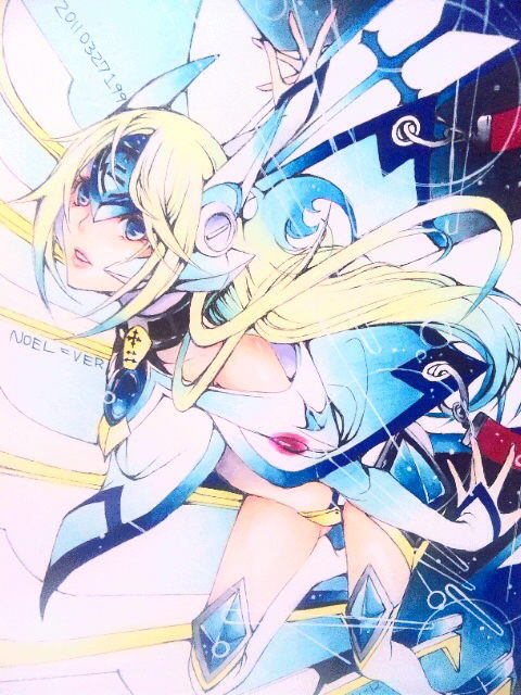 bare_shoulders, blonde_hair, blue_eyes, cape, choker, female, headdress, joe_konishi