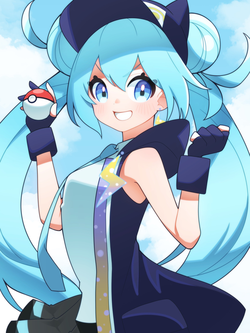 1girl, absurdres, aqua_hair, aqua_necktie, black_skirt, blue_eyes, blue_sky, blush