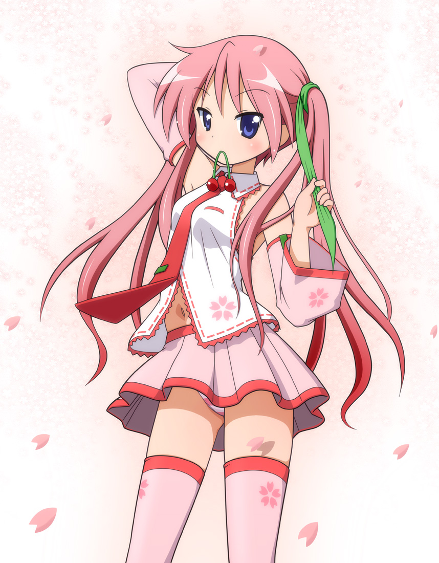 alternate_hair_color, blue_eyes, cherry_blossoms, cosplay, hatsune_miku, hatsune_miku_(cosplay), hiiragi_kagami, long_hair