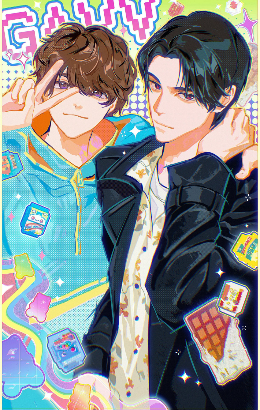 2boys, absurdres, arm_around_shoulder, black_hair, black_jacket, blue_hoodie, brown_hair, candy