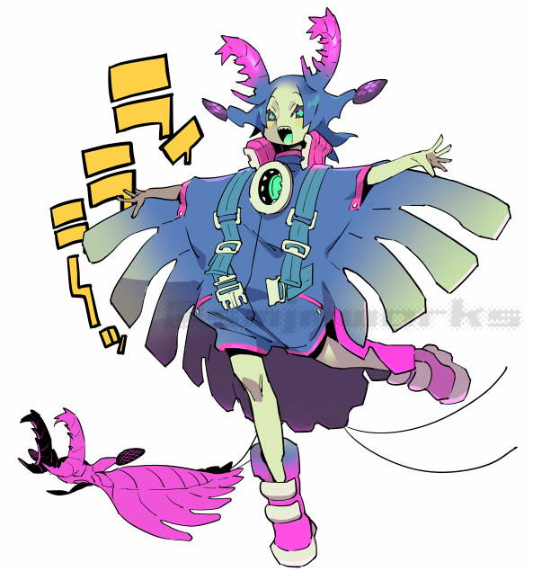 1girl, animal, arthropod_girl, blue_hair, blue_jumpsuit, colored_sclera, colored_skin, colored_tongue