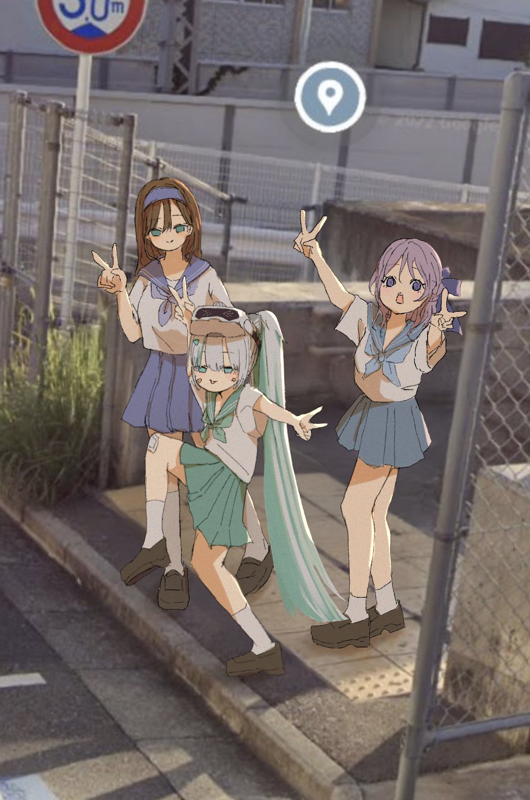 3girls, bandaid, bandaid_on_cheek, bandaid_on_face, bandaid_on_knee, bandaid_on_leg, blue_bow, blue_eyes, blue_hairband, blue_skirt, bow, brown_hair, brown_shoes, bush, cosmos_34, double_v, epinel_(nikke), fence, folkwang_(nikke), goddess_of_victory:_nikke, green_eyes, green_hair, green_skirt, grey_hair, hair_bow, hair_ornament, hairband, head-mounted_display, high_school_girls_posing_for_google_street_view_(meme), highres, kneehighs, looking_at_viewer, meme, multicolored_hair, multiple_girls, nepenthe_(nikke), open_mouth, photo_background, ponytail, purple_hair, road_sign, rumani_(nikke), school_uniform, serafuku, shirt, shoes, sign, skirt, smile, socks, standing, star_sticker, streaked_hair, v, violet_eyes, white_shirt, white_socks