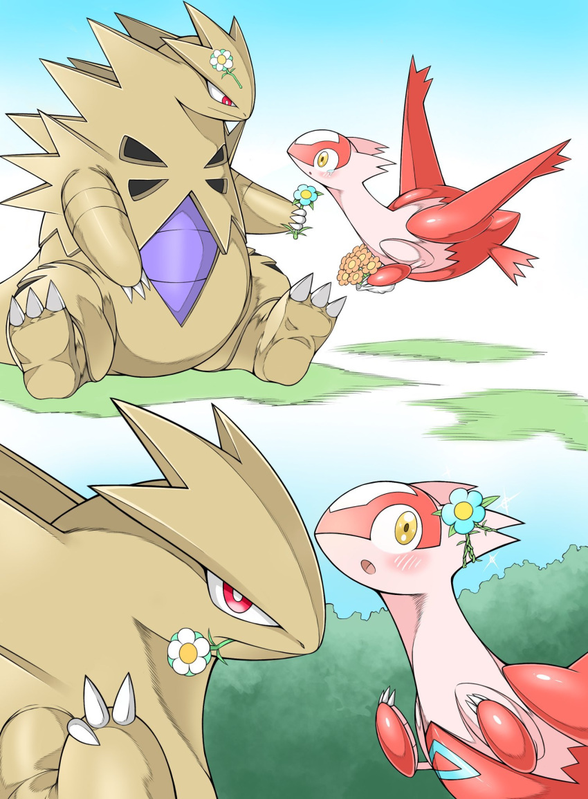blue_flower, blush, claws, closed_mouth, fangs, flower, hair_flower, hair_ornament