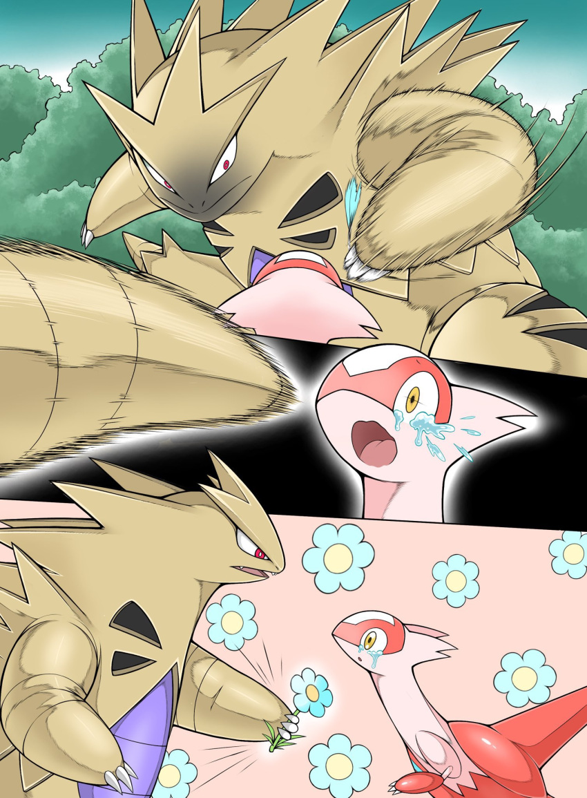animal_focus, blue_flower, claws, closed_mouth, day, flower, highres, latias