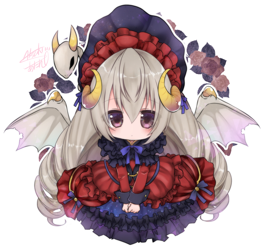 1girl, artist_name, black_eyes, black_hat, blue_ribbon, chibi, demon_girl, demon_horns