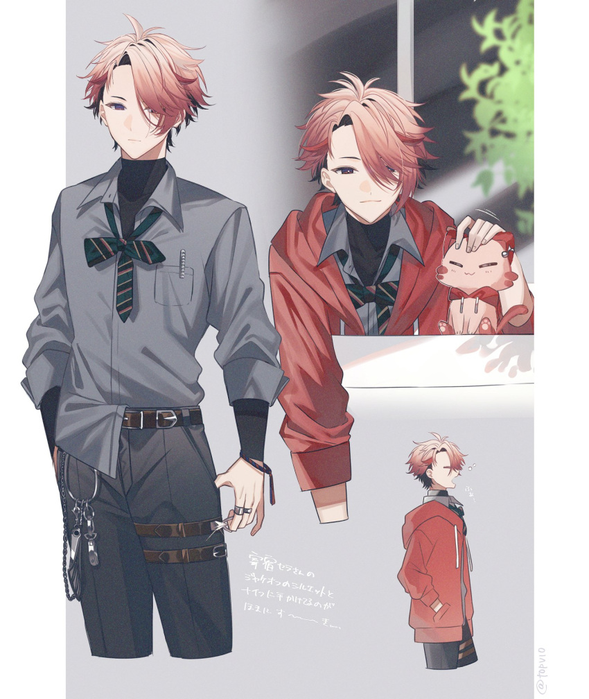 1boy, akaiko_(seraph_dazzlegarden), antenna_hair, artist_name, belt, belt_buckle, black_hair, black_pants