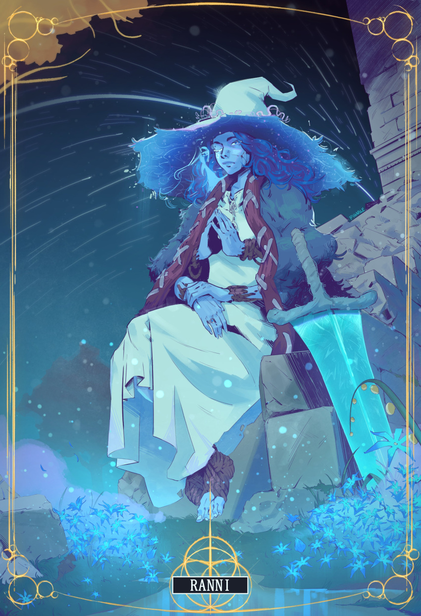 1girl, absurdres, andrea_adiletto, barefoot, black_sky, blue_eyes, blue_flower, blue_hair, blue_hat, blue_robe, blue_skin, blue_sky, blue_sword, border, brick_wall, brown_wrist_cuffs, colored_eyelashes, colored_skin, comet, cracked_skin, dress, elden_ring, english_text, extra_arms, facial_mark, flower, fur_robe, glowing, glowing_sword, glowing_weapon, gradient_sky, grass, hand_on_own_wrist, hat, highres, huge_weapon, jewelry, large_hat, long_dress, long_hair, looking_at_viewer, night, night_sky, one_eye_closed, own_hands_together, ranni_the_witch, ring, robe, rock, rope_around_feet, ruins, sitting, sitting_on_object, sky, solo, sparkle, striped_robe, sword, water, wavy_hair, weapon, white_dress, witch_hat, wrist_cuffs, yellow_border