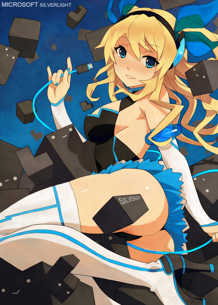 aqua_eyes, ass, bare_shoulders, blonde_hair, blue_eyes, boots, cable, detached_sleeves