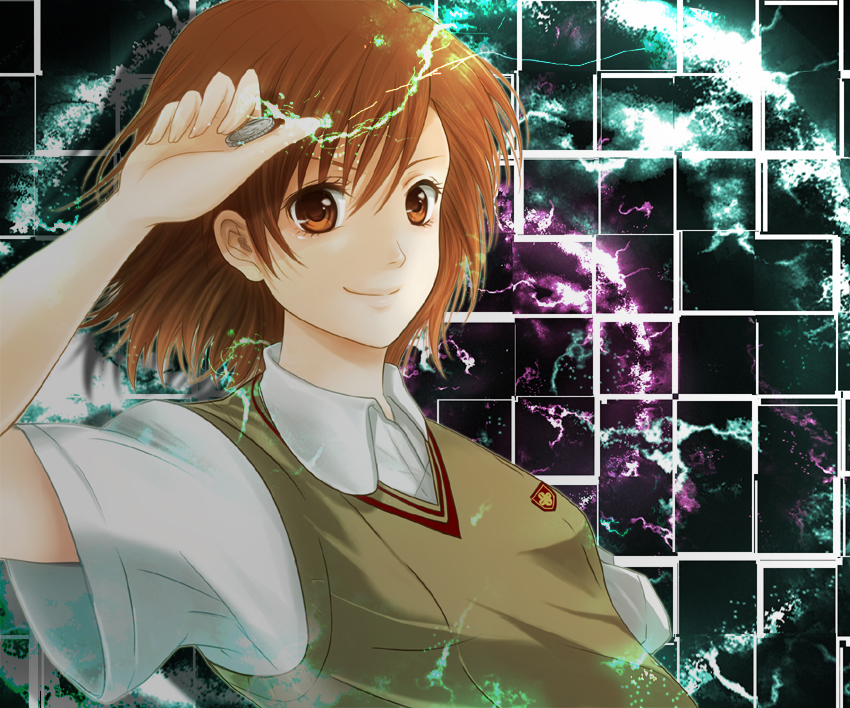 brown_eyes, brown_hair, coin, electricity, misaka_mikoto, school_uniform, to_aru_kagaku_no_railgun, to_aru_majutsu_no_index
