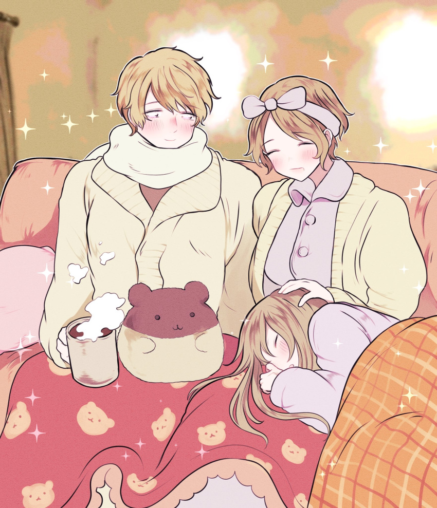 1boy, 2girls, animal_print, axis_powers_hetalia, bear_print, belarus_(hetalia), blanket, blonde_hair