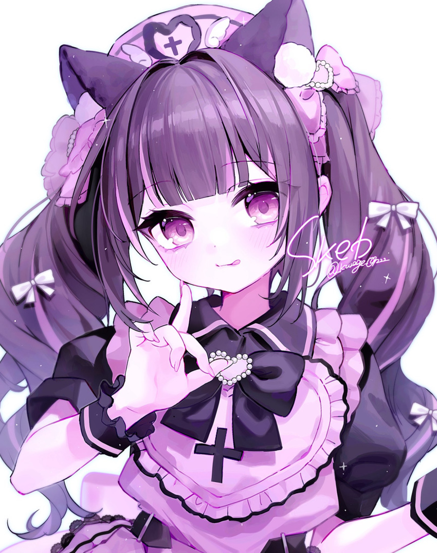 1girl, animal_ear_fluff, animal_ears, apron, black_bow, black_dress, blush, bow