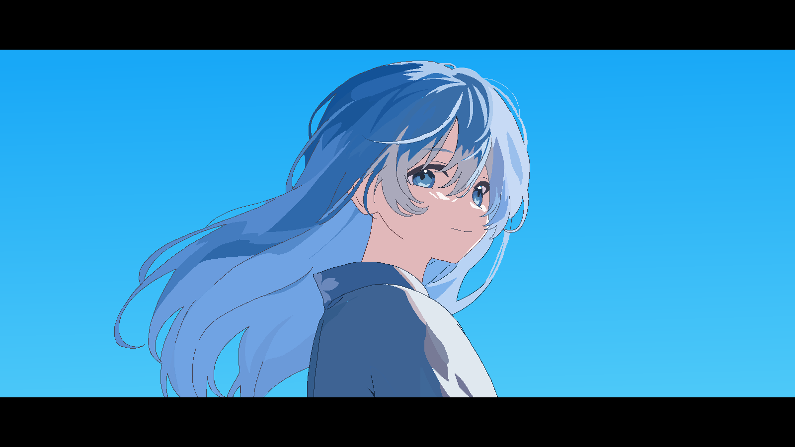 1girl, blue_eyes, blue_hair, blue_kimono, blue_sky, closed_mouth, commentary_request, floating_hair