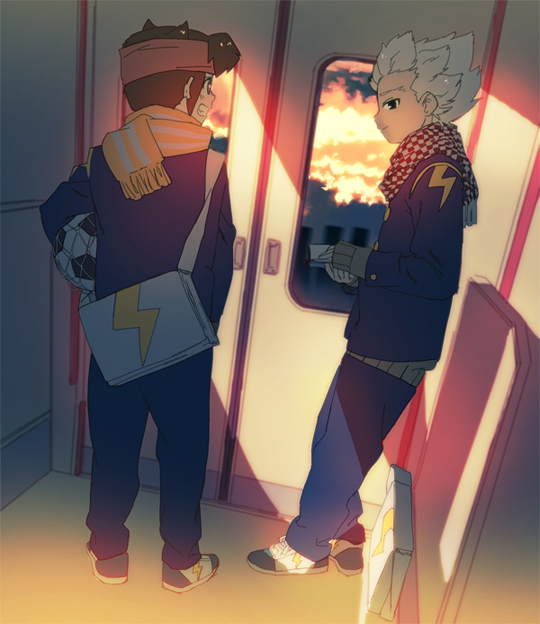 bad_id, bag, ball, brown_hair, endou_mamoru, gouenji_shuuya, grin, headband