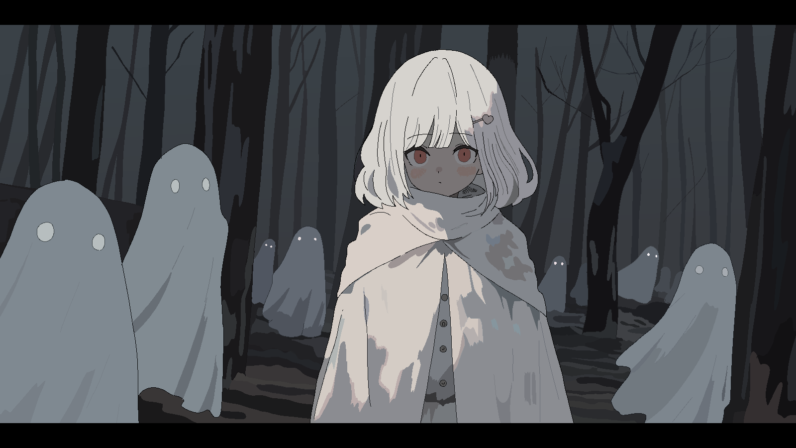 1girl, 6+others, bare_tree, blunt_ends, blush, buttons, cloak, closed_mouth, expressionless, forest, ghost, grey_theme, hair_ornament, heart, heart_hair_ornament, highres, horror_(theme), kalomaaaaa, letterboxed, looking_at_viewer, medium_hair, multiple_others, nature, night, original, outdoors, pixel_art, red_eyes, shirt, standing, straight-on, tree, upper_body, white_cloak, white_hair, white_shirt