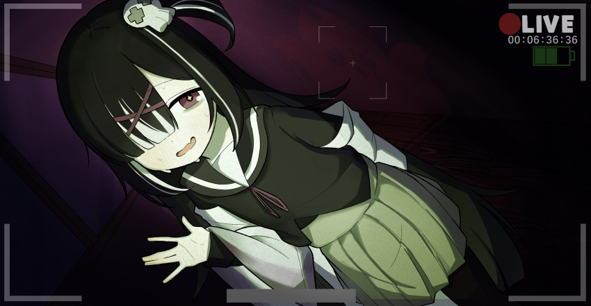 1girl, black_garlic_cookie, black_hair, captain_poop3, cookie_run, cookie_run:_ovenbreak, hair_ornament, hair_over_one_eye, highres, humanization, long_hair, long_sleeves, looking_at_viewer, multicolored_hair, open_mouth, school_uniform, serafuku, smile, solo, white_hair