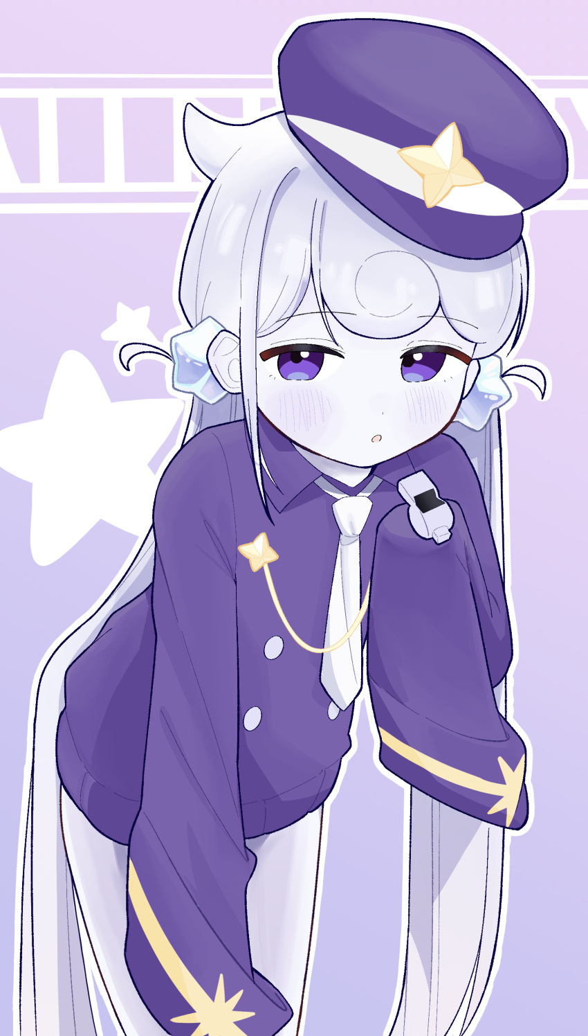 1girl, absurdres, black_hat, captain_poop3, colored_skin, cookie_run, cookie_run:_kingdom, hair_ornament, hat, highres, humanization, jacket, long_hair, long_sleeves, looking_at_viewer, low_twintails, milky_way_cookie, necktie, sleeves_past_fingers, sleeves_past_wrists, solo, star_(symbol), train_conductor, twintails, very_long_hair, violet_eyes, white_hair, white_skin