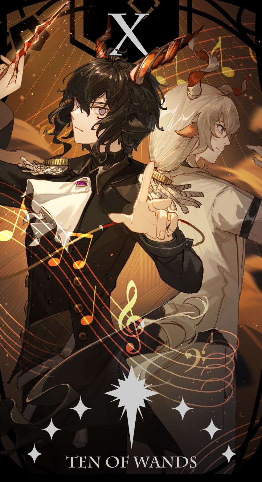 2boys, absurdres, animal_ears, arknights, armband, ascot, back-to-back, bishounen, black_armband, black_coat, black_hair, card_(medium), chinese_commentary, coat, collared_coat, commentary, conductor, curly_hair, ebenholz_(arknights), epaulettes, goat_boy, goat_ears, gradient_background, hair_between_eyes, hands_up, highres, holding, holding_wand, kotatsu_kaya, kreide_(arknights), light_particles, looking_at_viewer, low_ponytail, male_focus, military_uniform, multiple_boys, musical_note, musical_staff, orange_background, ponytail, ringed_eyes, short_hair, sideways_glance, spiral_horn, tarot, violet_eyes, wand, white_ascot, white_coat, white_hair