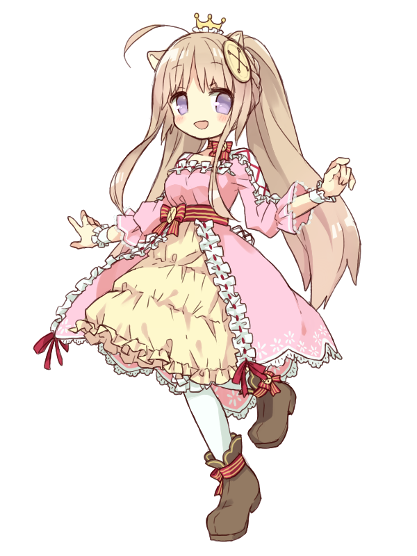ahoge, animal_ears, balloonpig_alma, boots, brown_boots, brown_hair, crown, dress, emil_chronicle_online, frilled_dress, frills, long_hair, open_mouth, pig_ears, pig_girl, pink_dress, ponytail, red_ribbon, ribbon, shinomaru_hajime, standing, standing_on_one_leg, thigh-highs, violet_eyes, white_background, white_thighhighs