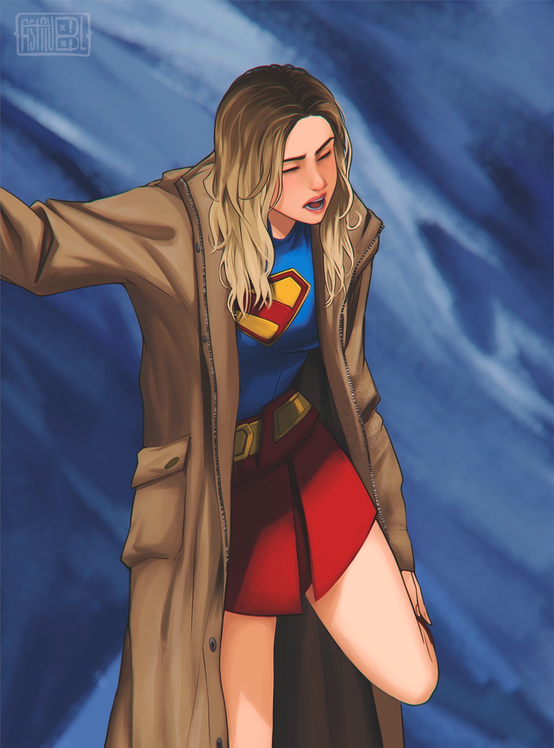 1girl, astrubalart, blonde_hair, breasts, cape, coat, dc_comics, highres, long_hair, medium_breasts, open_mouth, short_hair, skirt, solo, spoilers, supergirl, superhero_costume, superman_(series)