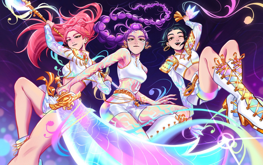 3girls, armor, black_hair, boots, braid, braided_ponytail, commentary, cropped_jacket