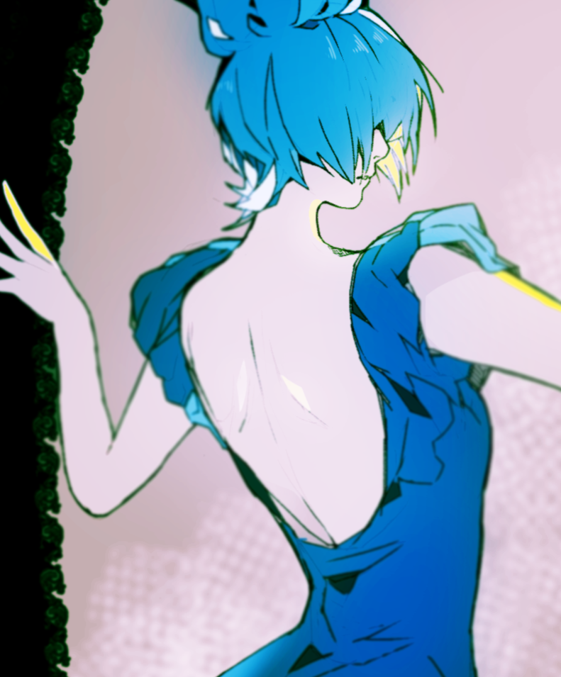 1girl, animification, back, blue_fire, blue_hair, blue_lips, closed_mouth, disneyland