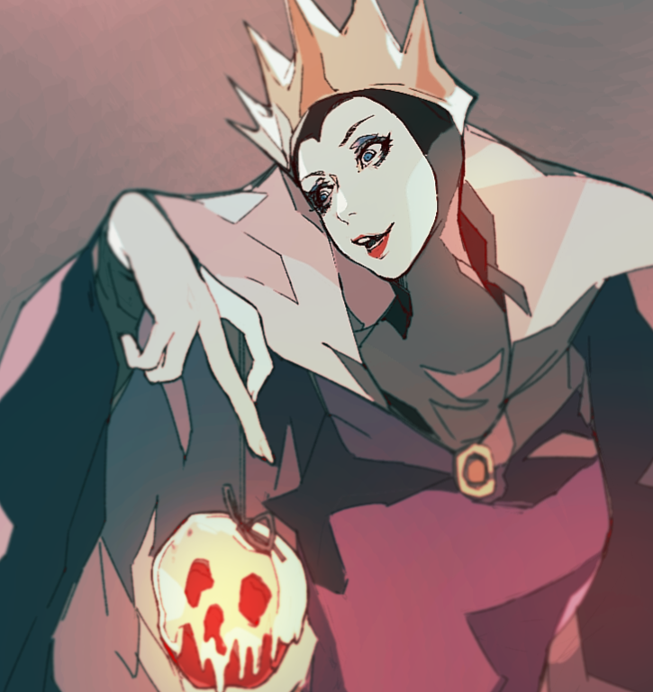 1girl, apple, cape, crown, disney, dress, food, fruit