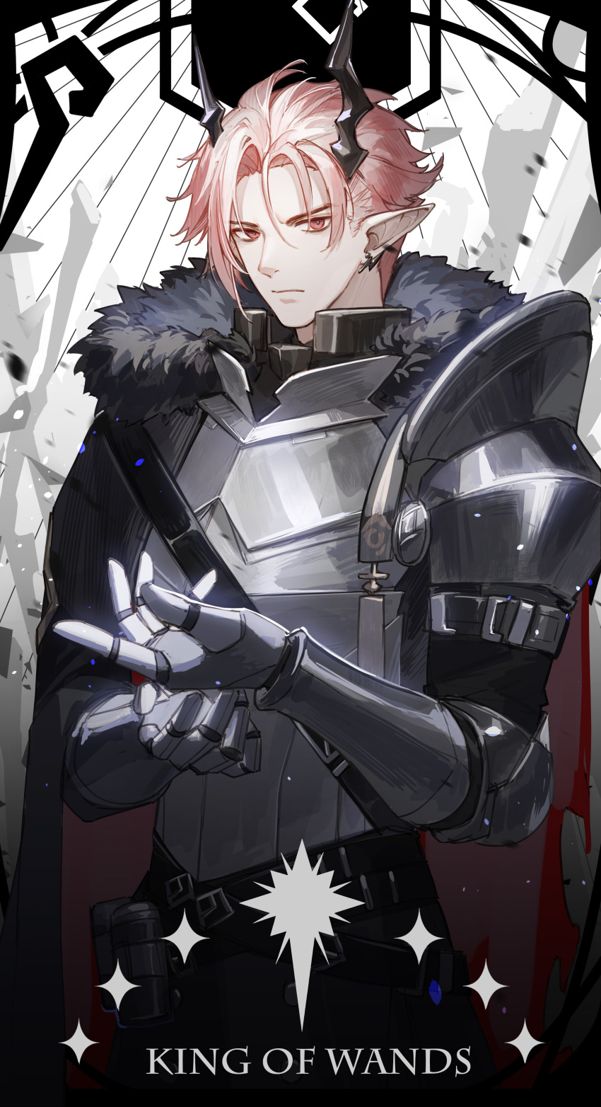 1boy, absurdres, adjusting_armor, adjusting_clothes, adjusting_gloves, arknights, armor, cape, card_(medium), chinese_commentary, commentary, cowboy_shot, curtained_hair, demon_horns, earrings, expressionless, forehead, fur-trimmed_cape, fur_trim, gauntlets, gloves, hair_between_eyes, highres, horns, jewelry, king_of_wands, kotatsu_kaya, light_particles, looking_at_viewer, male_focus, pink_eyes, pink_hair, pointy_ears, red_cape, short_hair, shoulder_armor, sideways_glance, solo, tarot, theresis_(arknights), white_background
