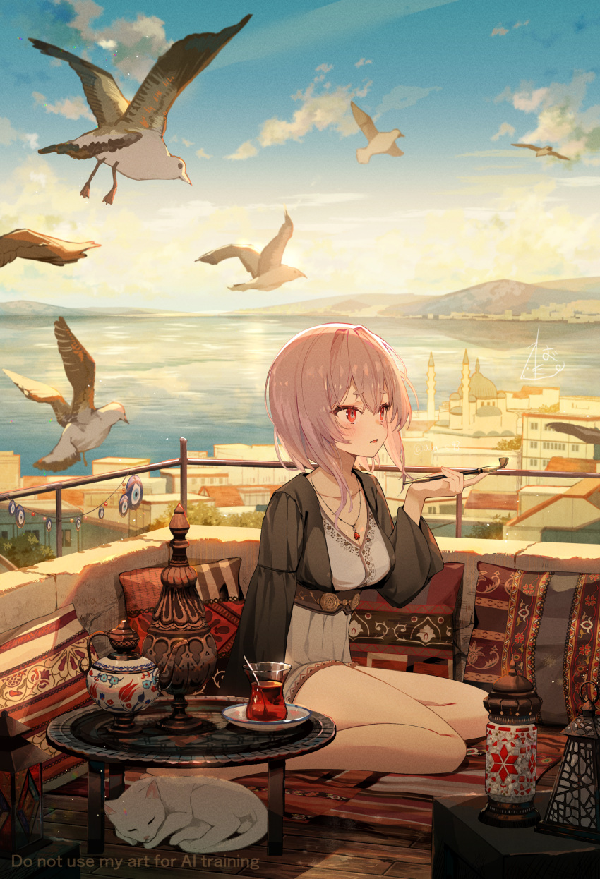 1girl, absurdres, bird, blue_sky, blush, breasts, building, cat